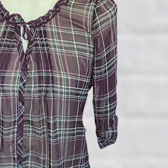 VANITY Medium Sheer Purple Keyhole Neck Tie Front Long Sleeve Button Up Blouse - Picture 3 of 5